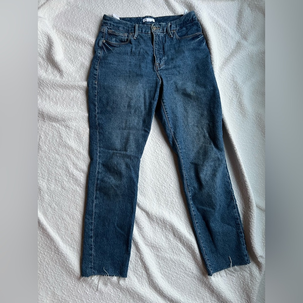 Good American Good Curve Straight Leg Jeans Raw Hem Blue Wash Womens‎ Size 8 29